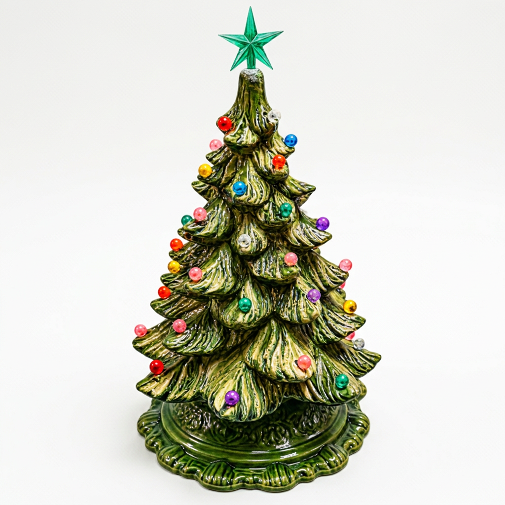 Ceramic tree with lights and ornaments on soft white background