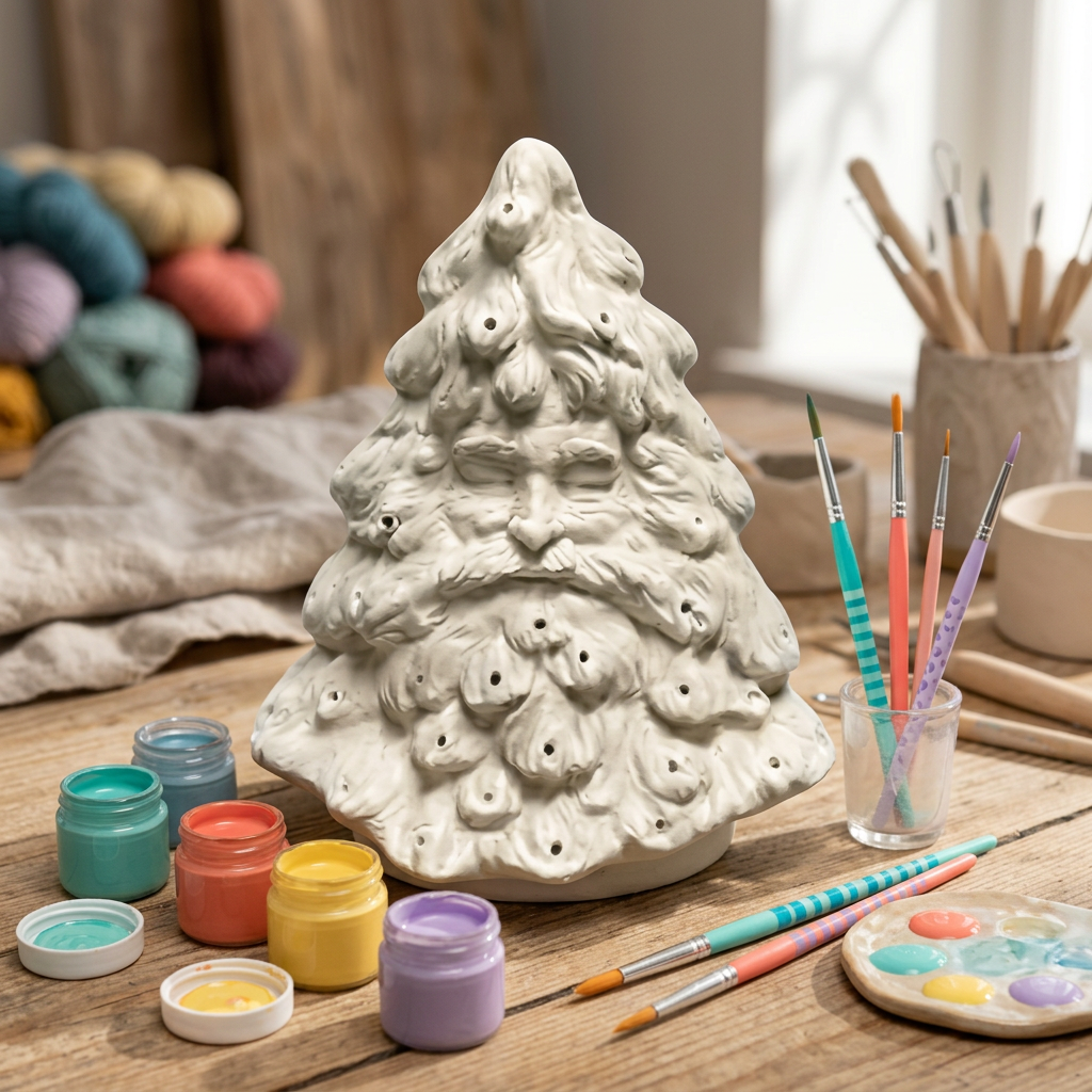 Unpainted ceramic tree surrounded by colorful paints and paintbrushes